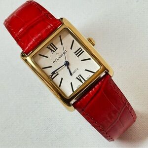 Peugeot Blue Hands Women's Tank Dress Watch Gold Red Croco Leather 3036